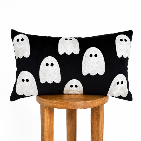 Busa Designs; Black Velvet Embroidered Ghost Lumbar Pillow Cover, 12” x 20” Halloween Décor; Category:Halloween Pillows & Blankets; Image:1